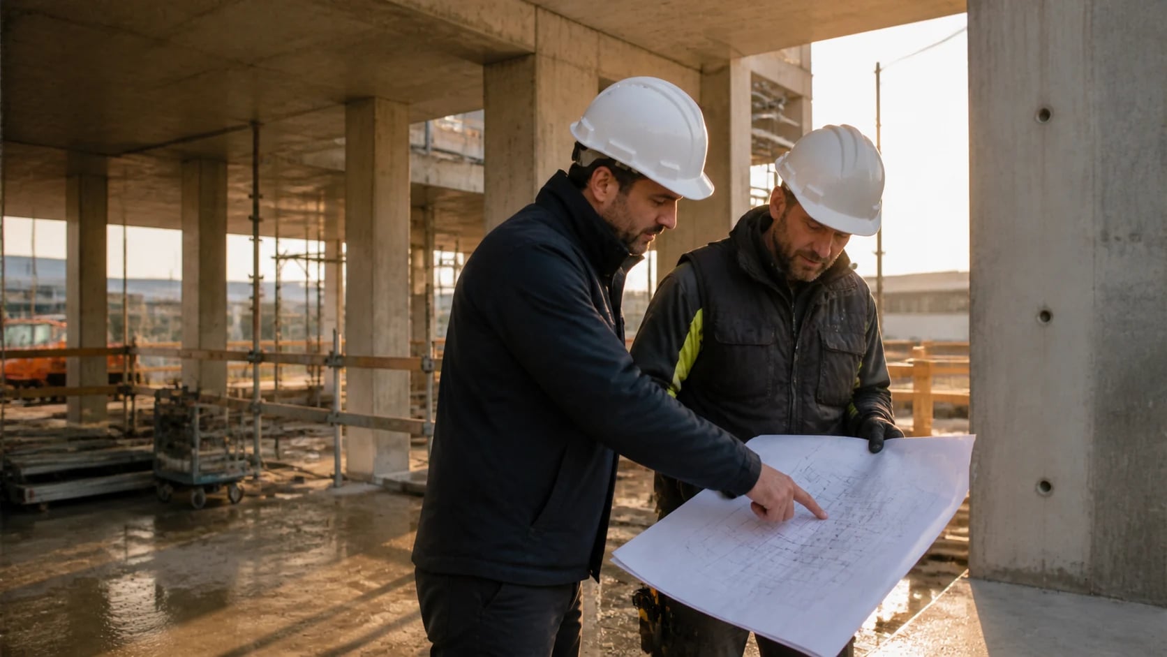 Conducteur de travaux et chef de chantier vérifiant un plan sur site