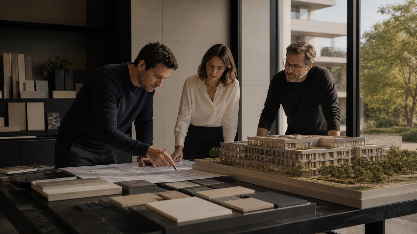 Promoteur, architecte et directeur de projet examinant une maquette de programme