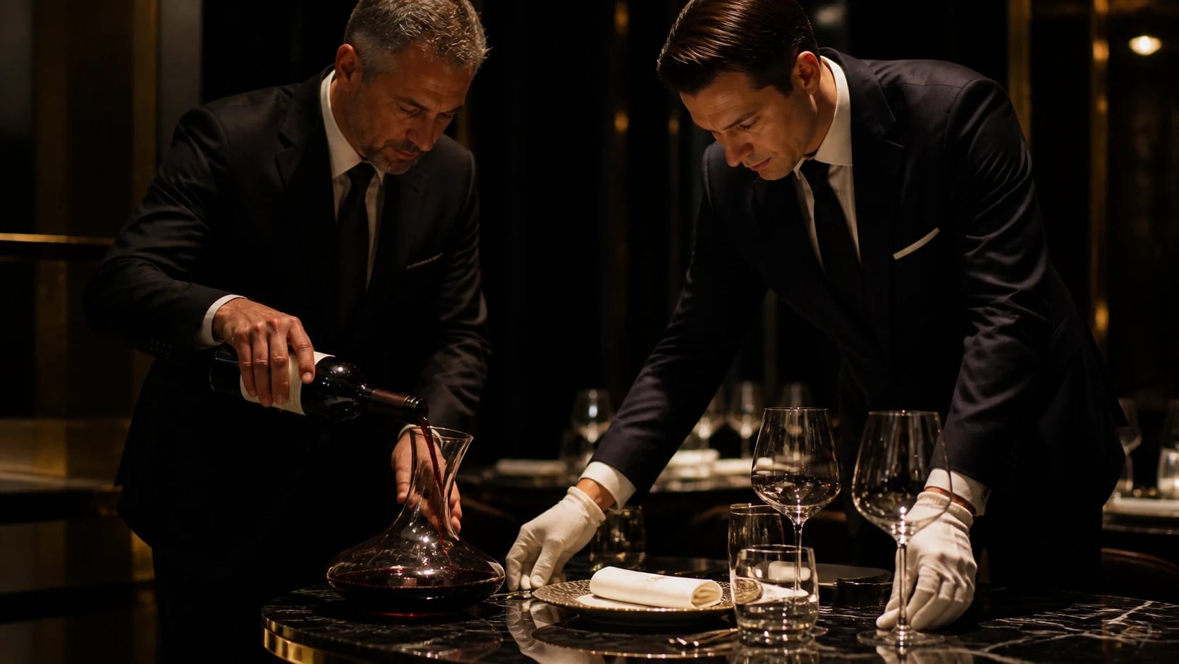Sommelier et maître d'hôtel préparant le service dans un restaurant